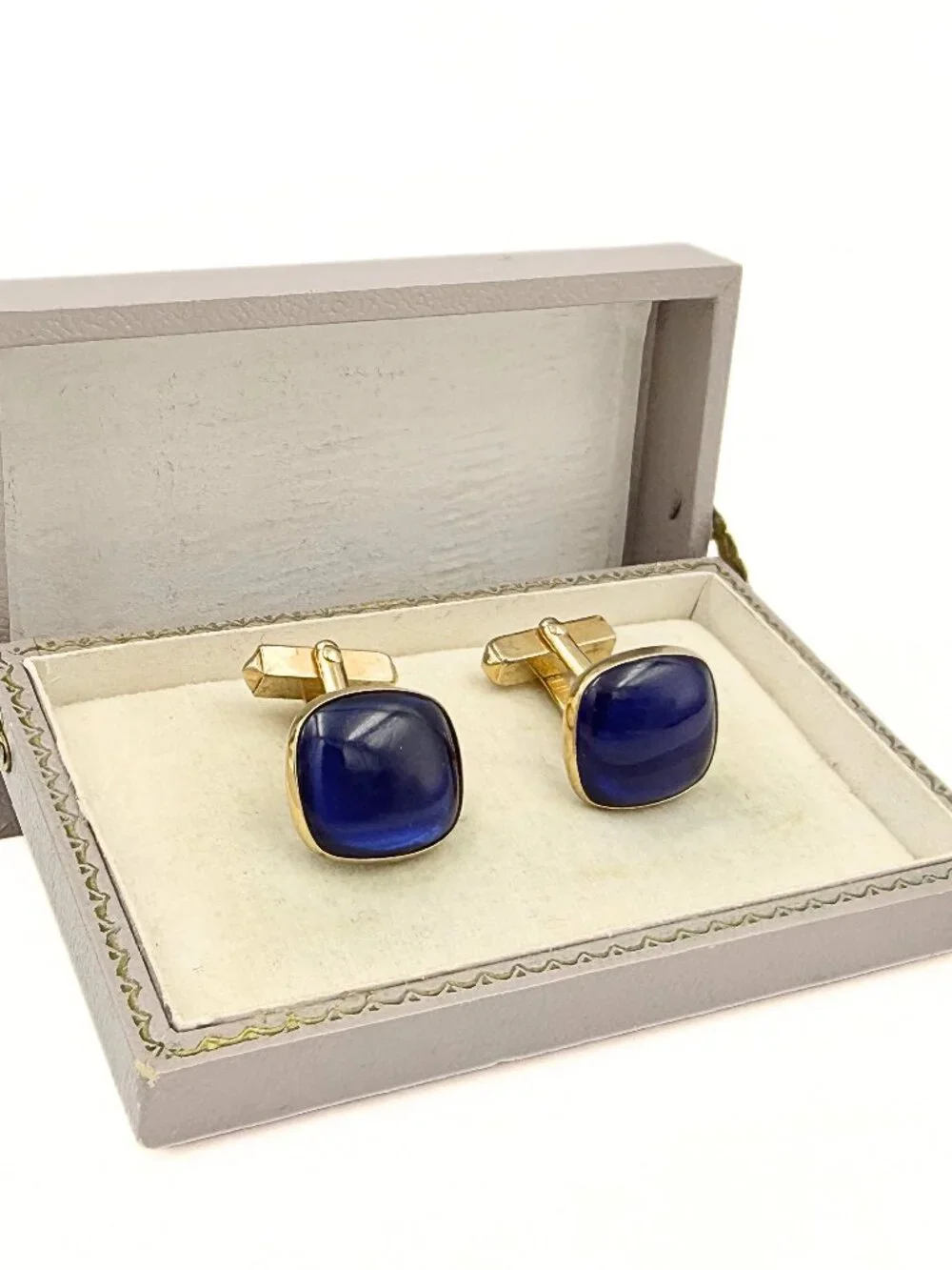 Antique Art Deco Swank Signed Cushion Cut Blue Glass MCM Minimalist Cufflinks